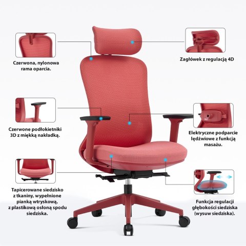 Fotel biurowy ergonomiczny ANGEL fizjO czerwony z funkcją masażu