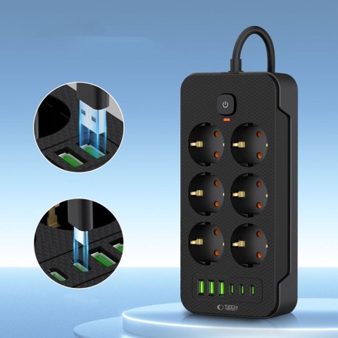 Listwa zasilająca przedłużacz 6 gniazd 240V USB-A USB-C 2m - czarna