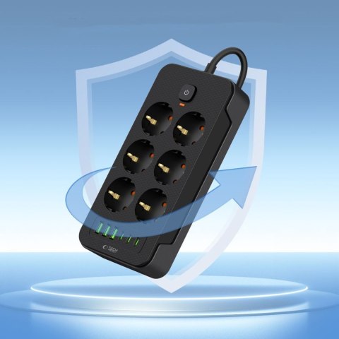Listwa zasilająca przedłużacz 6 gniazd 240V USB-A USB-C 2m - czarna