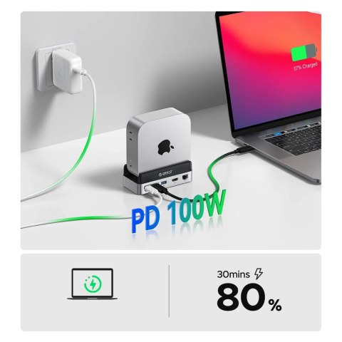 Stacja dokująca 10w1 do Mac mini M.2 USB-C USB-A HDMI RJ45 SD/TF - srebrna