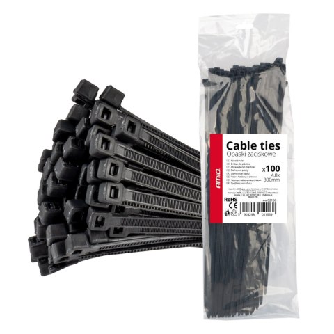 Taśmy opaski zaciskowe kablowe czarne 4,8x300mm - 100 szt. amio-02156