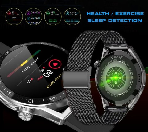 RUBICON Smartwatch Rubicon RNCE88-1 Czarny- Czarny Pasek Silikonowy + Czarny Pasek Skórzany