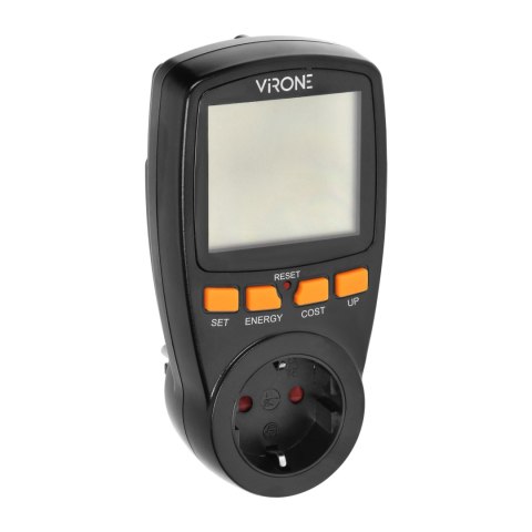 Jednotaryfowy watomierz, kalkulator energii z wyświetlaczem LCD, jedna taryfa, wbudowany akumulator, wersja Schuko, czarny