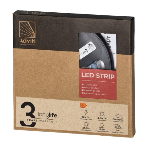 Taśma LED 12V, 2835, 60L/m, 500lm/m, 4,8W/m, IP20, 4000K, 5m