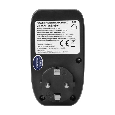 Watomierz, kalkulator energii z podświetlanym wyświetlaczem LCD, wersja Schuko, czarny