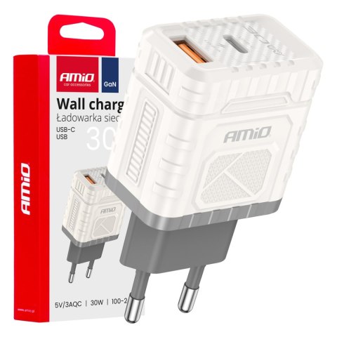 Ładowarka sieciowa quick charge gan 30w usb-a + usb-c amio-04286