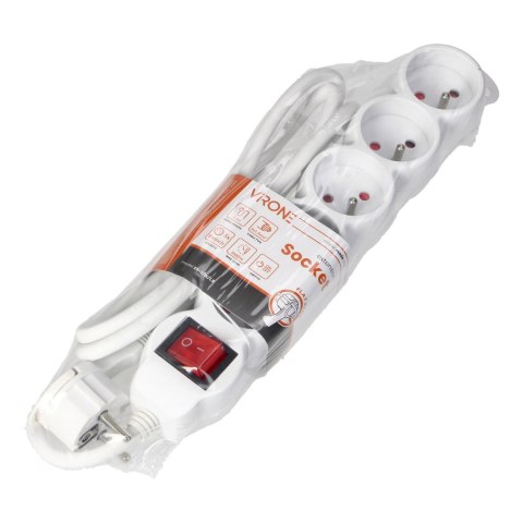 Przedłużacz 5-krotny 2P+Z z wyłącznikiem, 1,5m H05VV-F 3x1,5mm2, Imax=16A, płaska wtyczka, biały