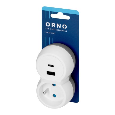 Rozgałęźnik 2P+Z, USB-A+C, biało-szary