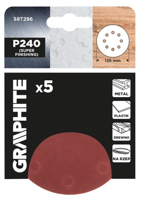 Krążki ścierne na rzep 125 mm, P240, 5 szt., z 8 otworami