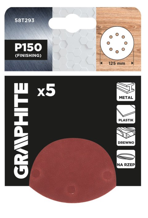 Krążki ścierne na rzep 125 mm, P150, 5 szt., z 8 otworami