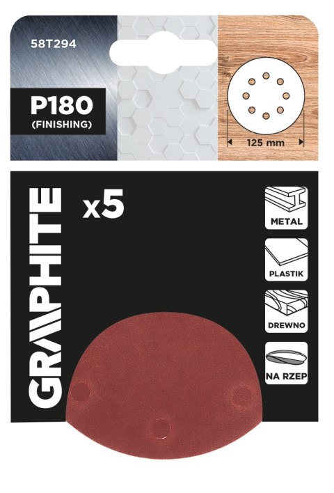 Krążki ścierne na rzep 125 mm, P180, 5 szt., z 8 otworami