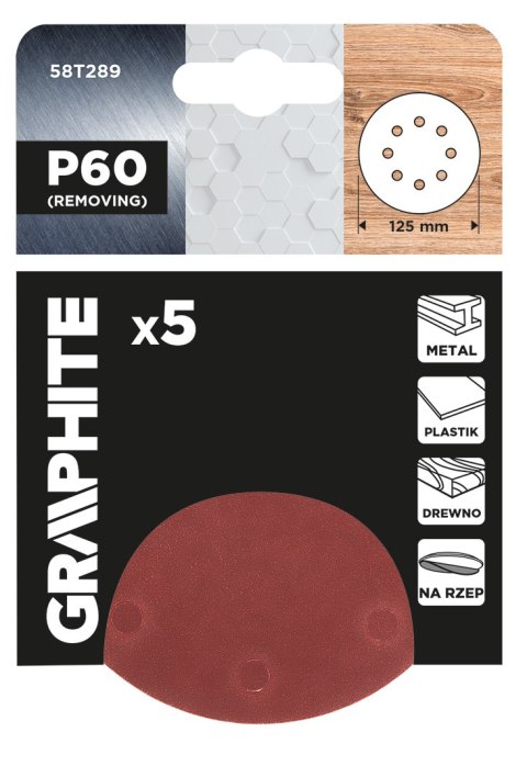 Krążki ścierne na rzep 125 mm, P60, 5 szt., z 8 otworami