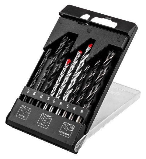 Zestaw wierteł do metalu, drewna, cegły: 5, 6, 8 mm, 9 szt.