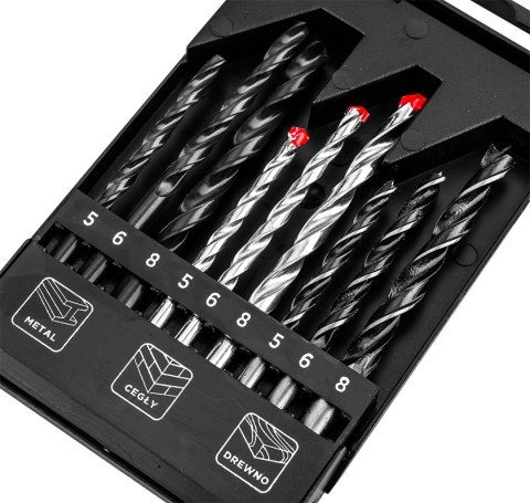 Zestaw wierteł do metalu, drewna, cegły: 5, 6, 8 mm, 9 szt.