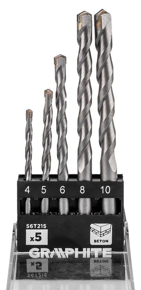 Zestaw wierteł do betonu hartowane: 4, 5, 6, 8, 10 mm, 5 szt.