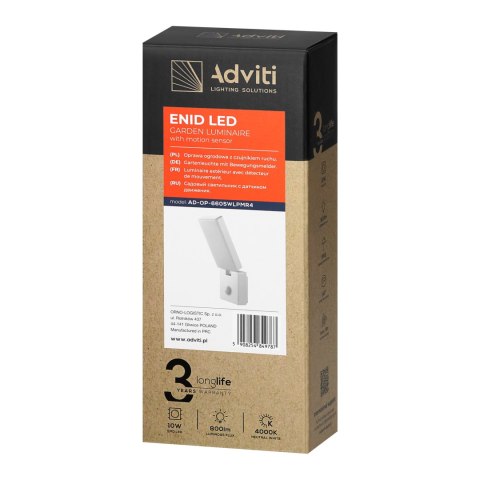 ENID LED 10W, oprawa ogrodowa z czujnikiem ruchu PIR, 800lm, IP65, 4000K, biała