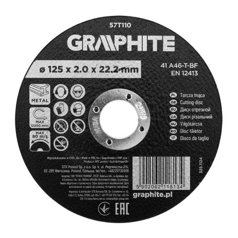 Tarcza tnąca, korundowa do metalu 125 x 2.0 x 22.2 mm, 41 A46-T-BF