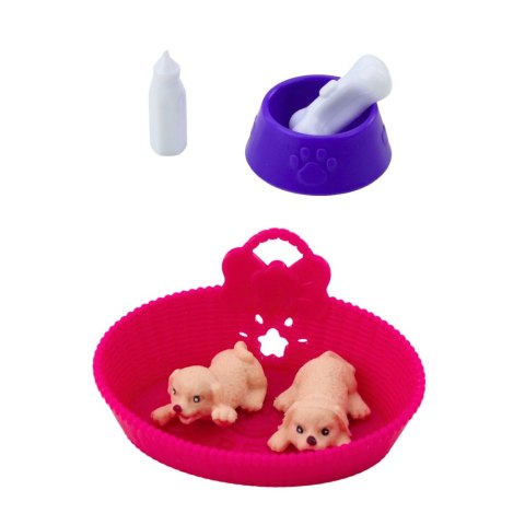Zestaw Mini Laleczka Z Dwoma Szczeniaczkami Legowisko Miska Butelka