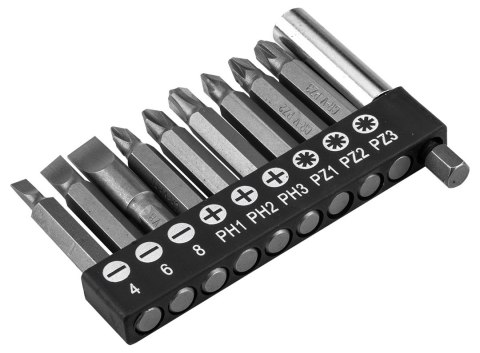 Zestaw bitów SL4/6/8, PH1/2/3, PZ1/2/3 x 50 mm, z uchwytem magnetycznym 60 mm, 10 szt.