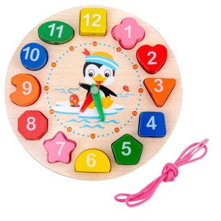 Drewniany Zegar Edukacyjny Montessori Nauka Godzin Klocki Do Nawlekania