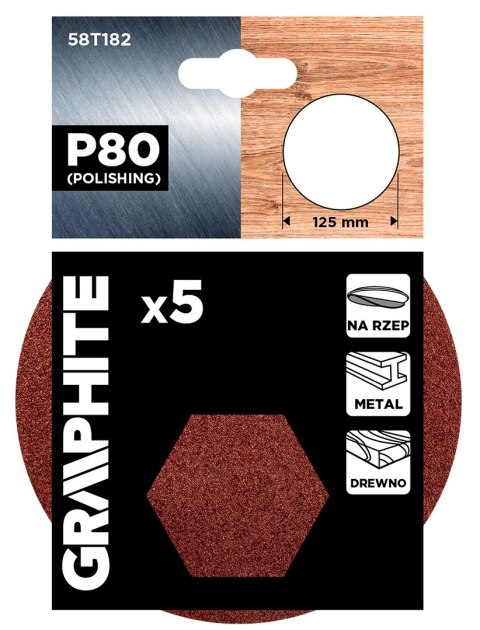 Krążki ścierne na rzep 125 mm, P80, 5 szt., bez otworów