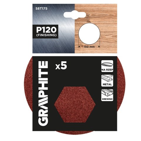 Krążki ścierne na rzep 150 mm, P120, 5 szt., bez otworów