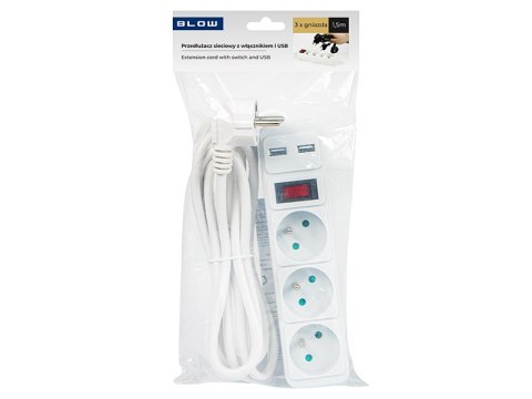 98-780# Przedłużacz sieciowy pr-370wsp/usb 3-gniazda+usb z uziemieniem+wyłącznik 1,5m biały 3x1,5mm