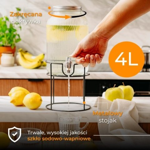 AD 6742 Słój do napojów z kranikiem 4l | szklany dyspenser z ryflowanym szkłem i metalowym stojakiem