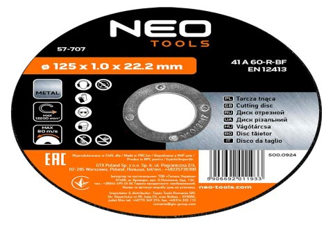 Tarcza tnąca do metalu 125 x 1.0 x 22.2 mm, 41 A60-R-BF, 10 szt.
