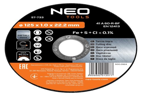 Tarcza tnąca do metalu 125 x 1.0 x 22.2 mm, 41 A60-R-BF, INOX, 10 szt.