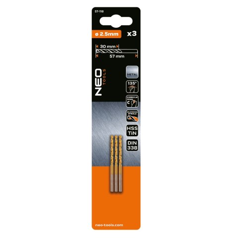 Wiertła do metalu HSS-TiN 2.5 mm, 3 szt.