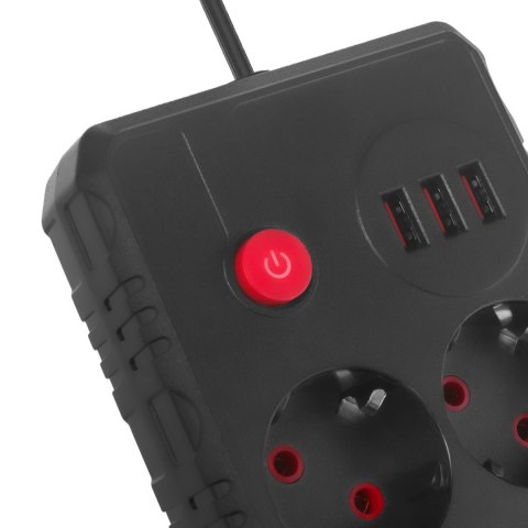 Listwa zasilająca Maclean, przedłużacz 2 gniazda + 3xUSB, 110-240V AC 50/60Hz, 2.1A max 2500W, 1.5m, czarna, MCE387 B