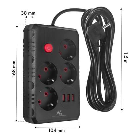 Listwa zasilająca Maclean, przedłużacz 4 gniazda + 3xUSB, 110-240V AC 50/60Hz, 2.1A max 2500W, 1,5m, czarna,MCE392 B