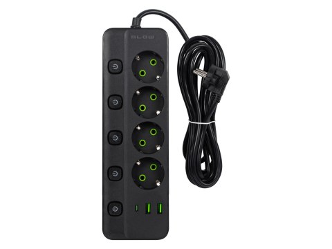 98-321# Przedłużacz sieciowy ps-450m 4-gniazda 2xusb+usb-c 3m czarny 3x1mm
