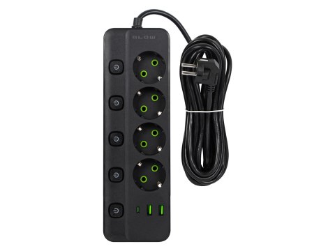 98-322# Przedłużacz sieciowy ps-450m 4-gniazda 2xusb+usb-c 5m czarny 3x1mm