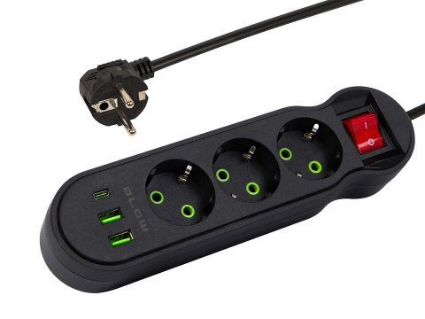 98-327# Przedłużacz sieciowy ps-340 3-gniazda 2xusb+usb-c 5m czarny 3x1mm