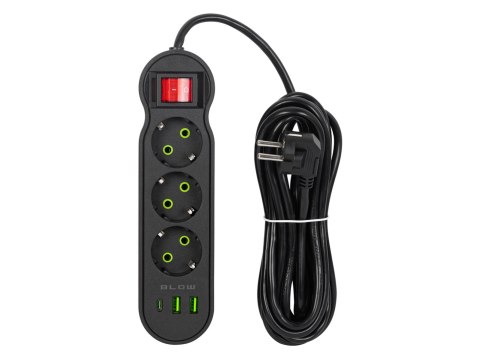 98-327# Przedłużacz sieciowy ps-340 3-gniazda 2xusb+usb-c 5m czarny 3x1mm