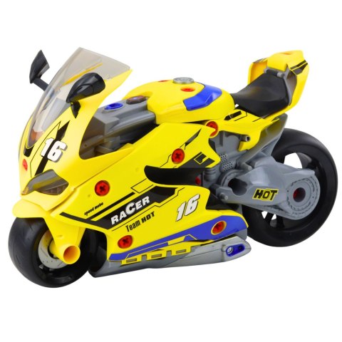 Motocykl Do Rozkręcania 2w1 DIY Warsztat Światła Dźwięki Dym Żółty 43cm