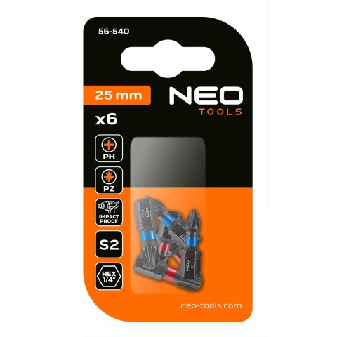 Bity udarowe PH1/2/3, PZ1/2/3 x 25 mm, 6 szt. NEO TOOLS