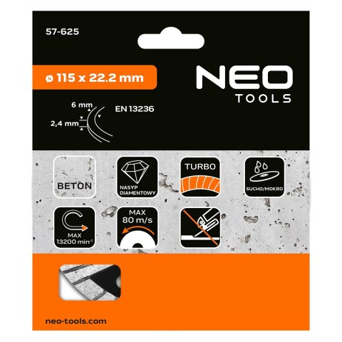 Tarcza diamentowa 115 x 22.2 mm, turbo NEO TOOLS