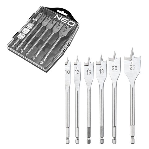 Wiertła do drewna łopatkowe, 10,12,16,18,20,25mm, zestaw 6 szt. NEO TOOLS