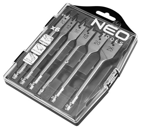 Wiertła do drewna łopatkowe, 10,12,16,18,20,25mm, zestaw 6 szt. NEO TOOLS