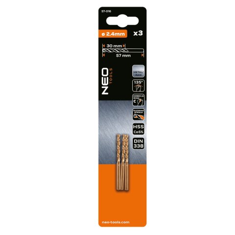 Wiertła do metalu HSS-Co 2.4 mm, 3 szt. NEO TOOLS