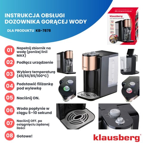 Dozownik gorącej wody, dyspenser, regulacja temperatury 45-100°c, czarny z różowym złotem, 2,2l, klausberg, kb-7879 Klausberg
