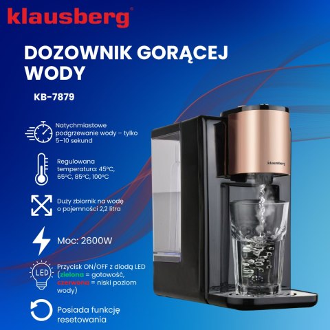 Dozownik gorącej wody, dyspenser, regulacja temperatury 45-100°c, czarny z różowym złotem, 2,2l, klausberg, kb-7879 Klausberg