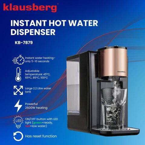 Dozownik gorącej wody, dyspenser, regulacja temperatury 45-100°c, czarny z różowym złotem, 2,2l, klausberg, kb-7879 Klausberg