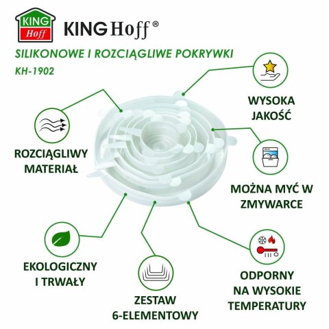 Silikonowe rozciągliwe pokrywy, zestaw 6 sztuk, śr. 6,5-21 cm, kinghoff, kh-1902 KINGHoff