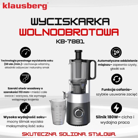 Wyciskarka wolnoobrotowa do owoców i warzyw, pionowa, szara, 180w, klausberg, kb-7881 Klausberg