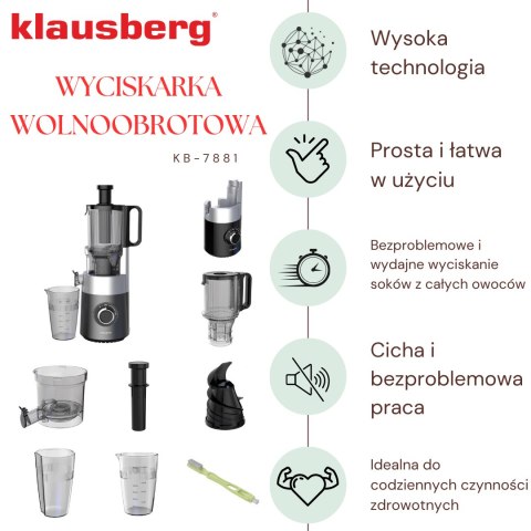 Wyciskarka wolnoobrotowa do owoców i warzyw, pionowa, szara, 180w, klausberg, kb-7881 Klausberg