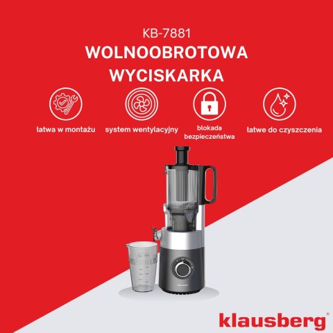 Wyciskarka wolnoobrotowa do owoców i warzyw, pionowa, szara, 180w, klausberg, kb-7881 Klausberg